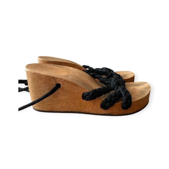 Vintage Wood Wedge Rope Sandals, Wrap Around Rope. Black - Picture 6 of 14
